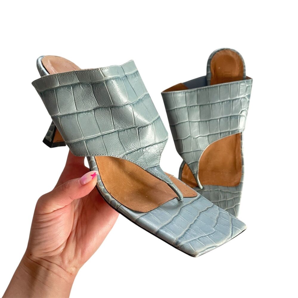 TORAL Animal Print Croc Embossed Leather T Bar Heeled Sandals Blue 40